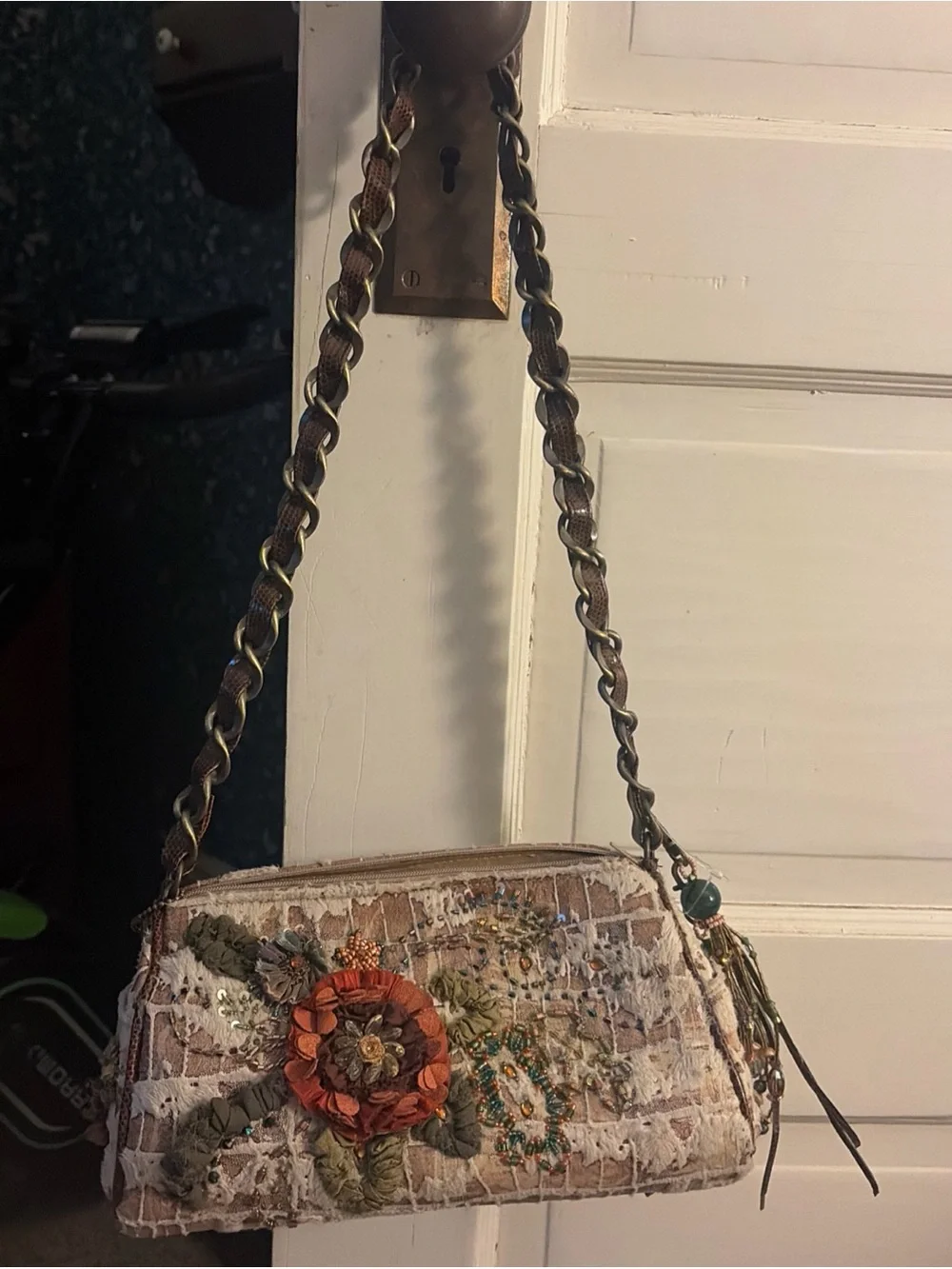 Mary Frances Boho Embroidered Beige Floral Shoulder Bag